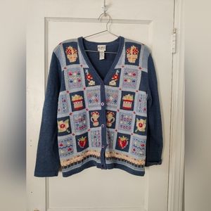 Koret City Blues Embroidered Patchwork Sweater Cardigan Strawberry Flower Garden